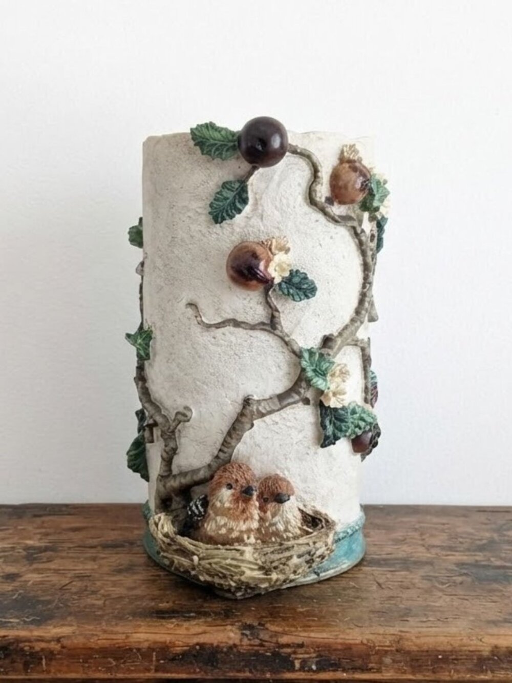 Heavy Ceramic Bird Nest Vase 9" Woodland Rustic Utensil Holder Cottage Decor Vtg